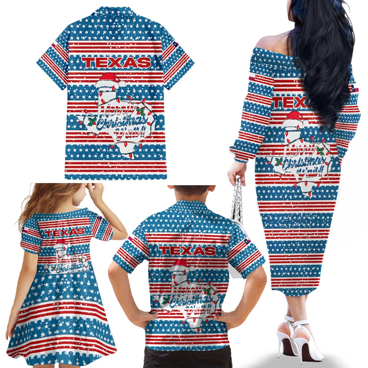 Texas Christmas Family Matching Off The Shoulder Long Sleeve Dress and Hawaiian Shirt with Blue and Red Striped Festive Pattern Lone Star and Santa Motif - Wonder Print Shop