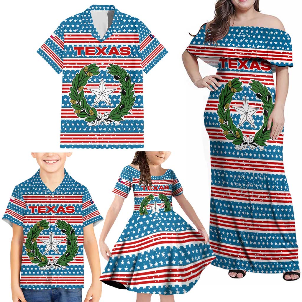 Texas Christmas Family Matching Off Shoulder Maxi Dress and Hawaiian Shirt with Blue and Red Striped Festive Pattern Lone Star and Santa Motif - Wonder Print Shop