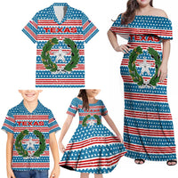 Texas Christmas Family Matching Off Shoulder Maxi Dress and Hawaiian Shirt with Blue and Red Striped Festive Pattern Lone Star and Santa Motif - Wonder Print Shop