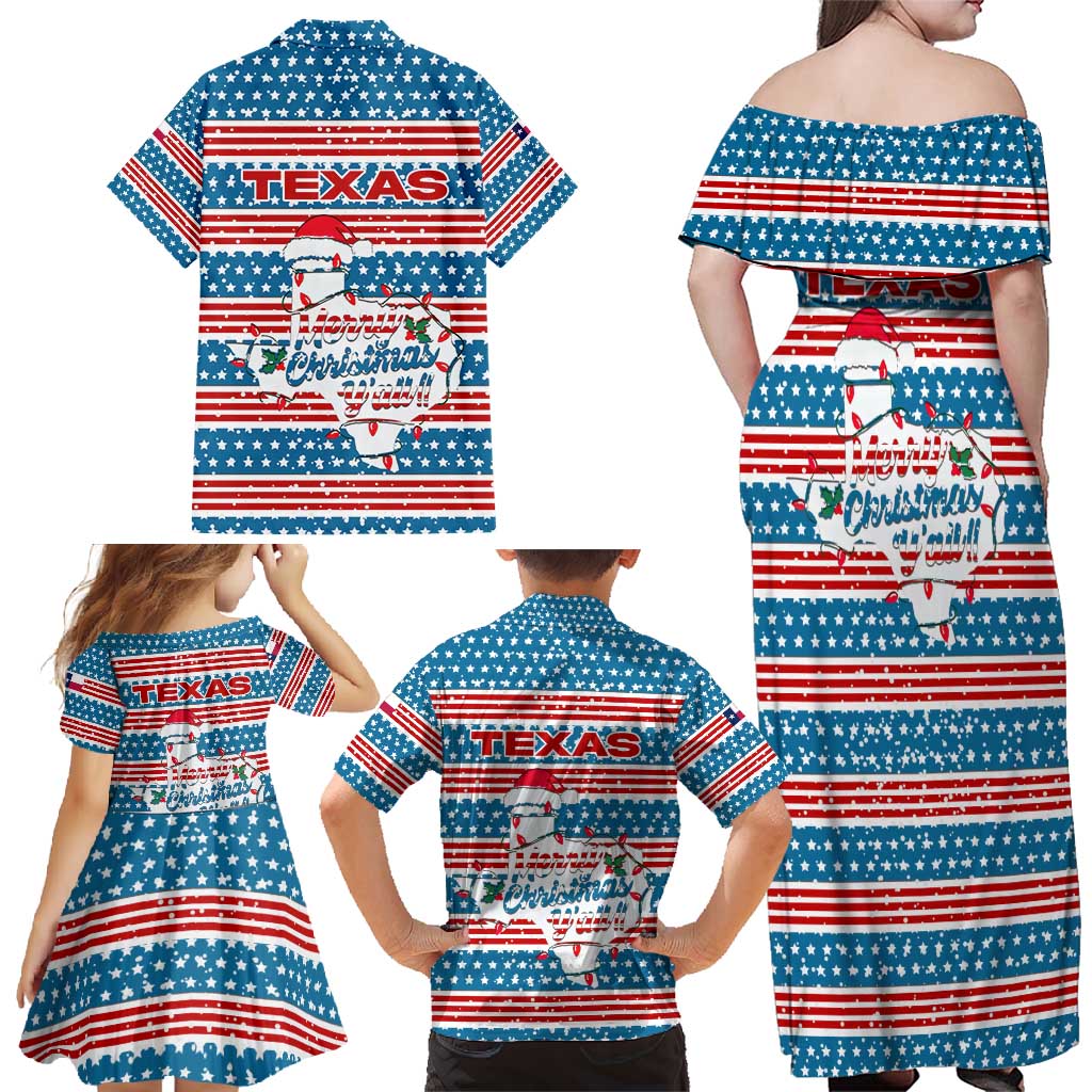 Texas Christmas Family Matching Off Shoulder Maxi Dress and Hawaiian Shirt with Blue and Red Striped Festive Pattern Lone Star and Santa Motif - Wonder Print Shop