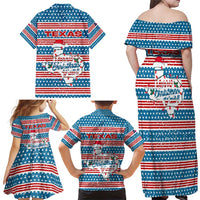 Texas Christmas Family Matching Off Shoulder Maxi Dress and Hawaiian Shirt with Blue and Red Striped Festive Pattern Lone Star and Santa Motif - Wonder Print Shop