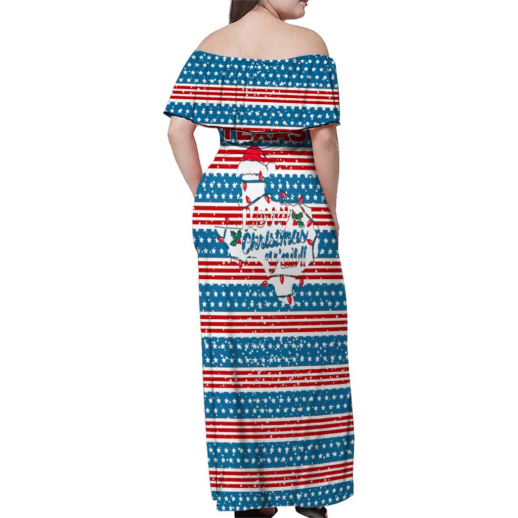 Texas Christmas Family Matching Off Shoulder Maxi Dress and Hawaiian Shirt with Blue and Red Striped Festive Pattern Lone Star and Santa Motif - Wonder Print Shop