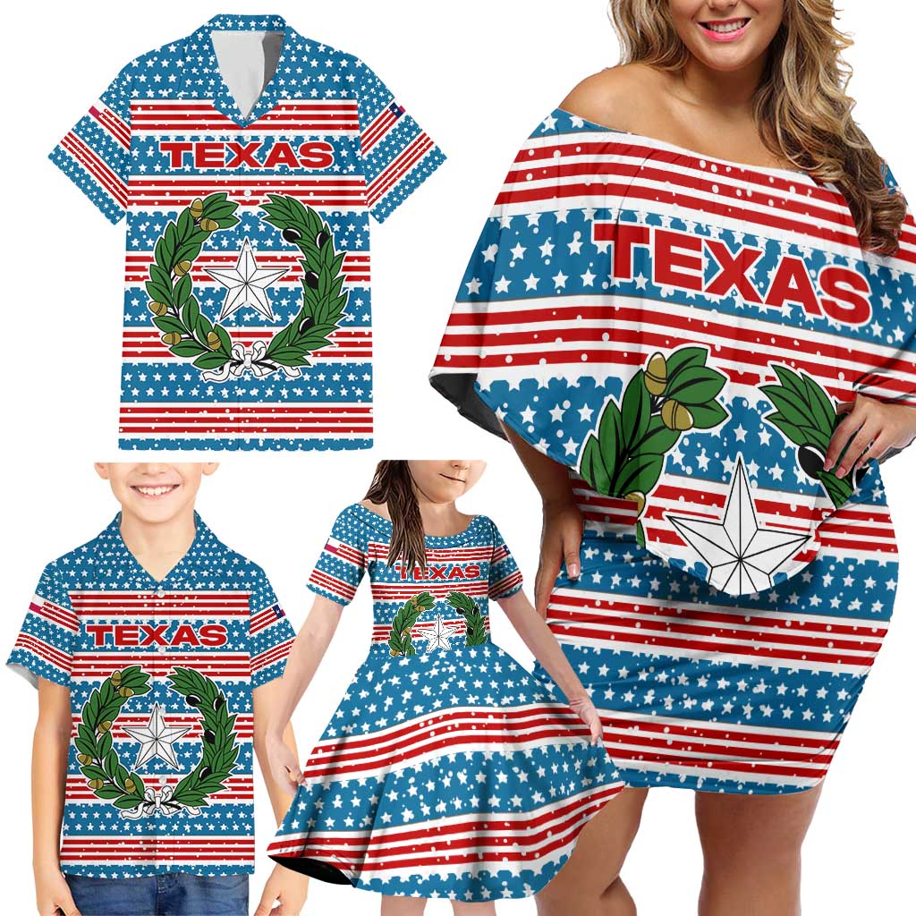 Texas Christmas Family Matching Off Shoulder Short Dress and Hawaiian Shirt with Blue and Red Striped Festive Pattern Lone Star and Santa Motif - Wonder Print Shop
