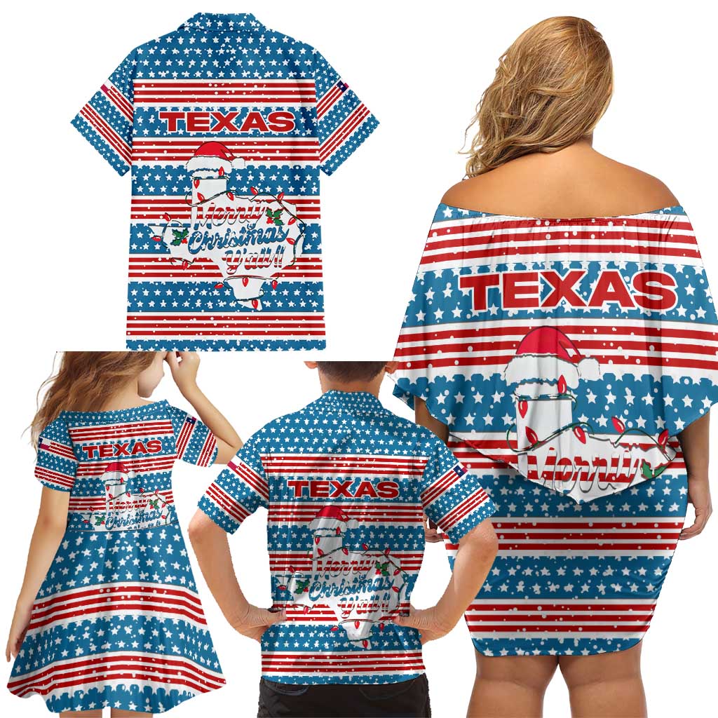 Texas Christmas Family Matching Off Shoulder Short Dress and Hawaiian Shirt with Blue and Red Striped Festive Pattern Lone Star and Santa Motif - Wonder Print Shop