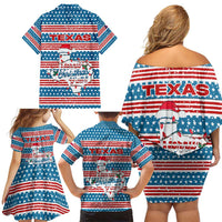 Texas Christmas Family Matching Off Shoulder Short Dress and Hawaiian Shirt with Blue and Red Striped Festive Pattern Lone Star and Santa Motif - Wonder Print Shop
