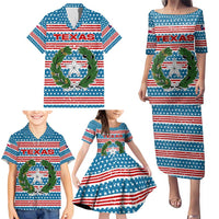 Texas Christmas Family Matching Puletasi and Hawaiian Shirt with Blue and Red Striped Festive Pattern Lone Star and Santa Motif - Wonder Print Shop