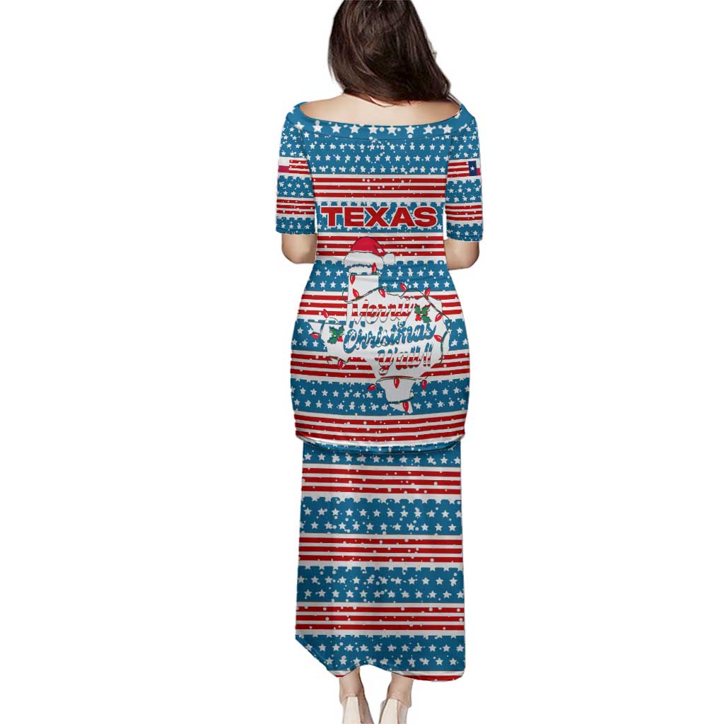 Texas Christmas Family Matching Puletasi and Hawaiian Shirt with Blue and Red Striped Festive Pattern Lone Star and Santa Motif - Wonder Print Shop