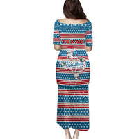 Texas Christmas Family Matching Puletasi and Hawaiian Shirt with Blue and Red Striped Festive Pattern Lone Star and Santa Motif - Wonder Print Shop