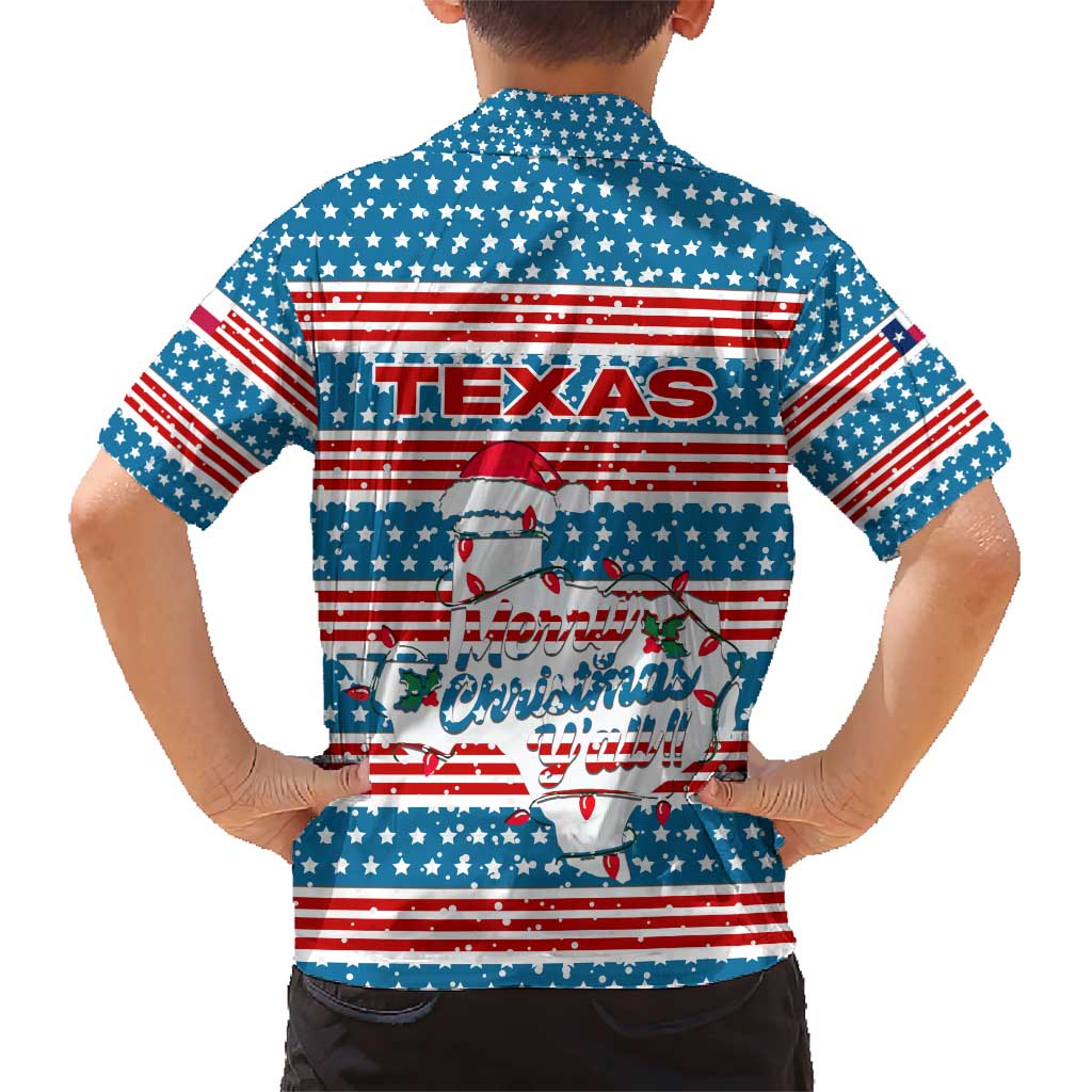 Texas Christmas Family Matching Short Sleeve Bodycon Dress and Hawaiian Shirt with Blue and Red Striped Festive Pattern Lone Star and Santa Motif - Wonder Print Shop