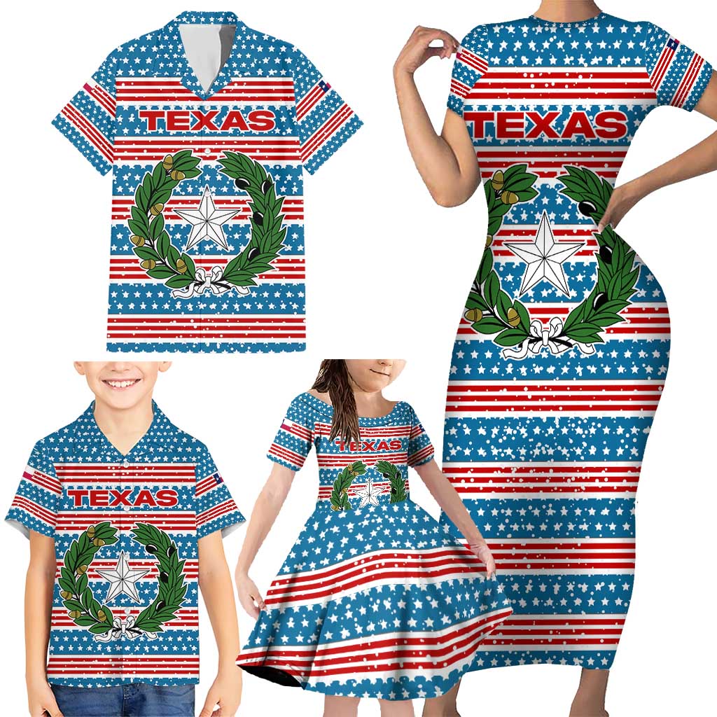 Texas Christmas Family Matching Short Sleeve Bodycon Dress and Hawaiian Shirt with Blue and Red Striped Festive Pattern Lone Star and Santa Motif - Wonder Print Shop