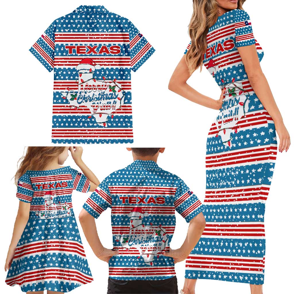 Texas Christmas Family Matching Short Sleeve Bodycon Dress and Hawaiian Shirt with Blue and Red Striped Festive Pattern Lone Star and Santa Motif - Wonder Print Shop