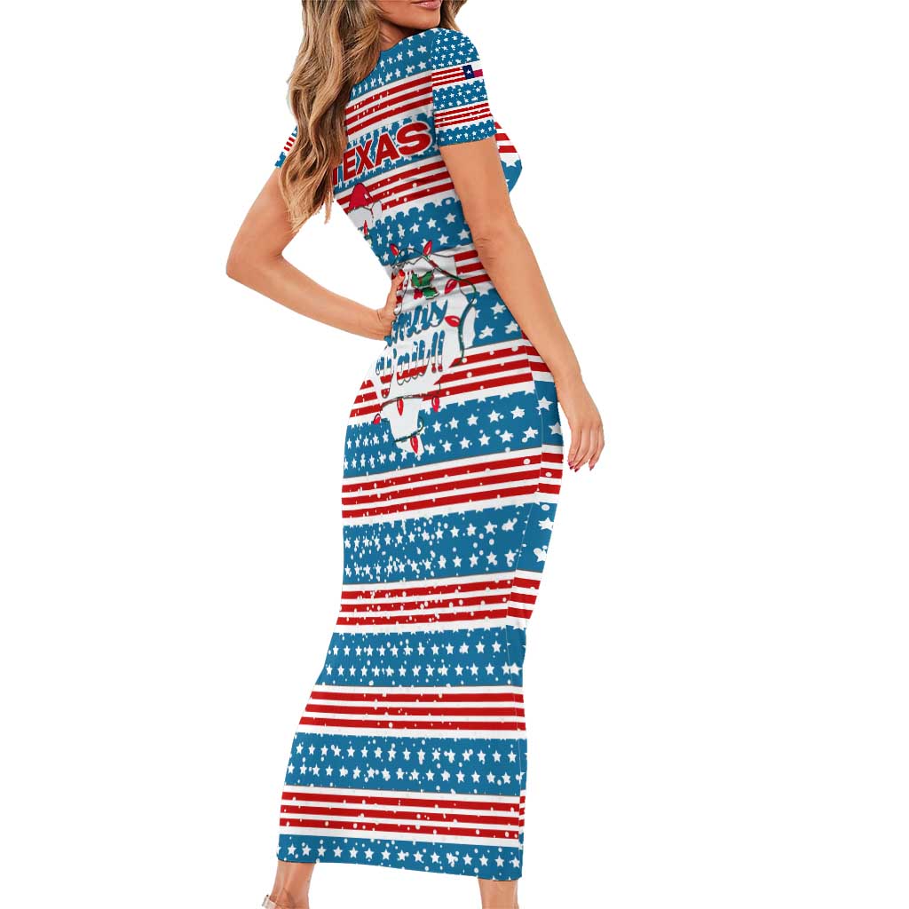 Texas Christmas Family Matching Short Sleeve Bodycon Dress and Hawaiian Shirt with Blue and Red Striped Festive Pattern Lone Star and Santa Motif - Wonder Print Shop