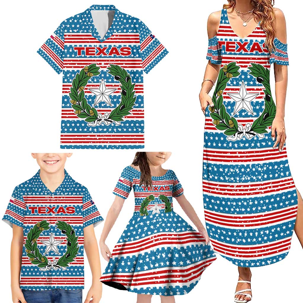 Texas Christmas Family Matching Summer Maxi Dress and Hawaiian Shirt with Blue and Red Striped Festive Pattern Lone Star and Santa Motif - Wonder Print Shop