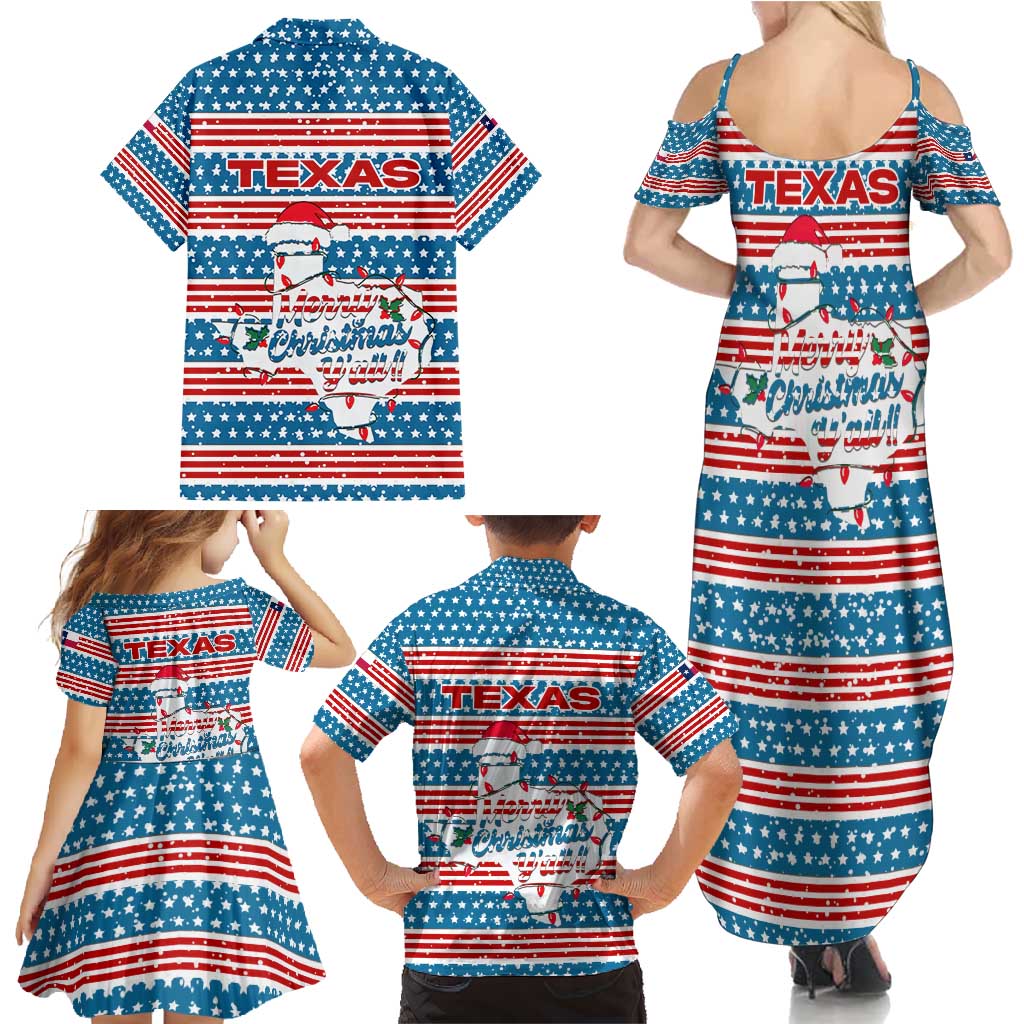 Texas Christmas Family Matching Summer Maxi Dress and Hawaiian Shirt with Blue and Red Striped Festive Pattern Lone Star and Santa Motif - Wonder Print Shop