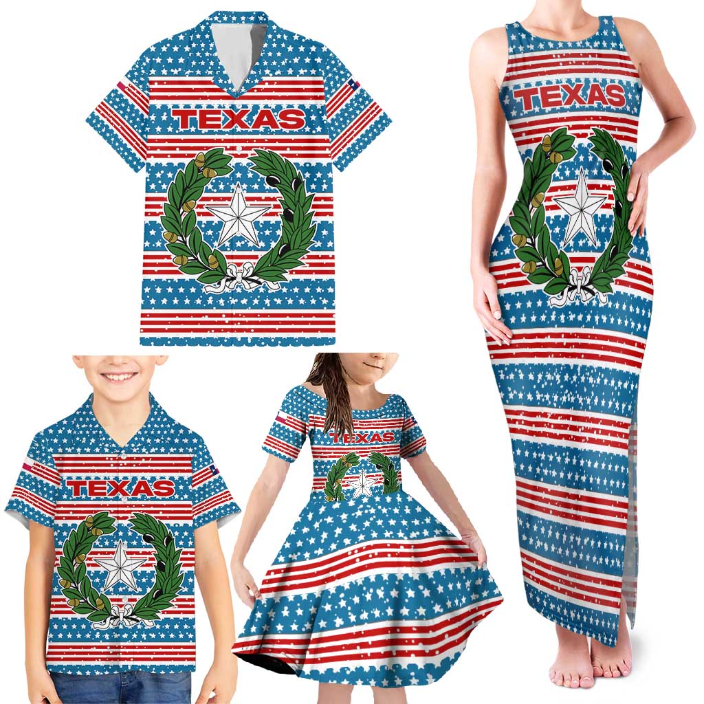 Texas Christmas Family Matching Tank Maxi Dress and Hawaiian Shirt with Blue and Red Striped Festive Pattern Lone Star and Santa Motif - Wonder Print Shop