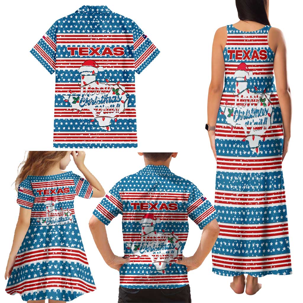 Texas Christmas Family Matching Tank Maxi Dress and Hawaiian Shirt with Blue and Red Striped Festive Pattern Lone Star and Santa Motif - Wonder Print Shop