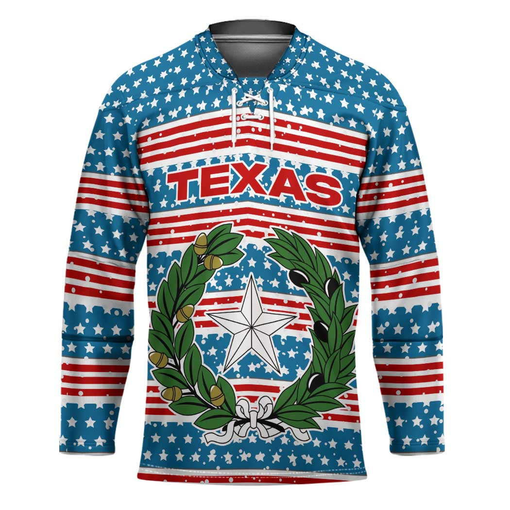 Texas Christmas Hockey Jersey with Blue and Red Striped Festive Pattern Lone Star and Santa Motif - Wonder Print Shop