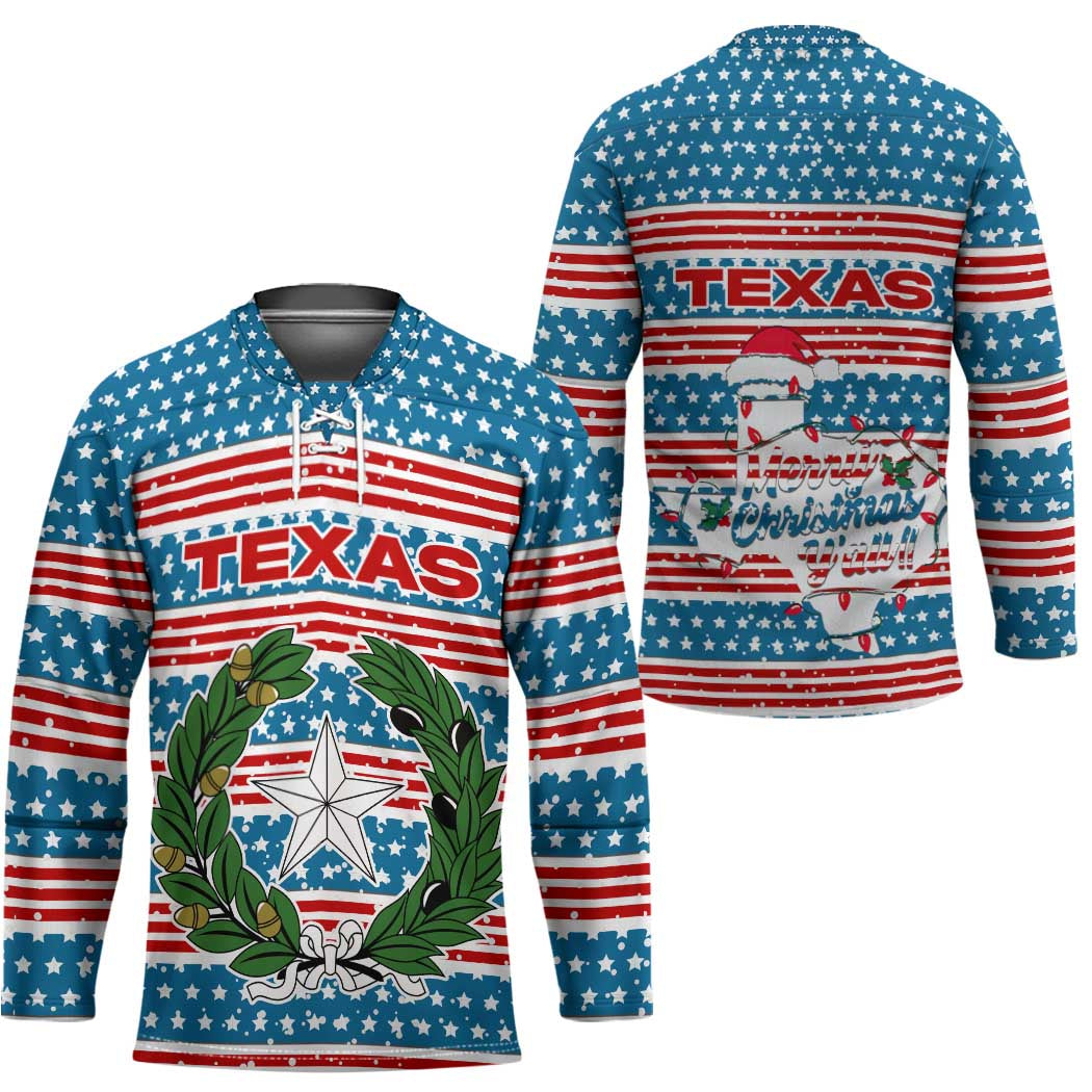 Texas Christmas Hockey Jersey with Blue and Red Striped Festive Pattern Lone Star and Santa Motif - Wonder Print Shop
