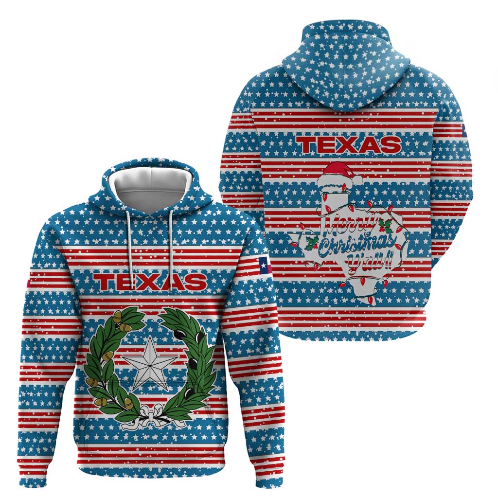 Texas Christmas Hoodie with Blue and Red Striped Festive Pattern Lone Star and Santa Motif - Wonder Print Shop