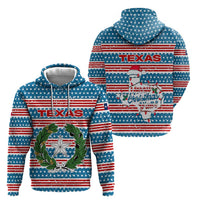Texas Christmas Hoodie with Blue and Red Striped Festive Pattern Lone Star and Santa Motif - Wonder Print Shop