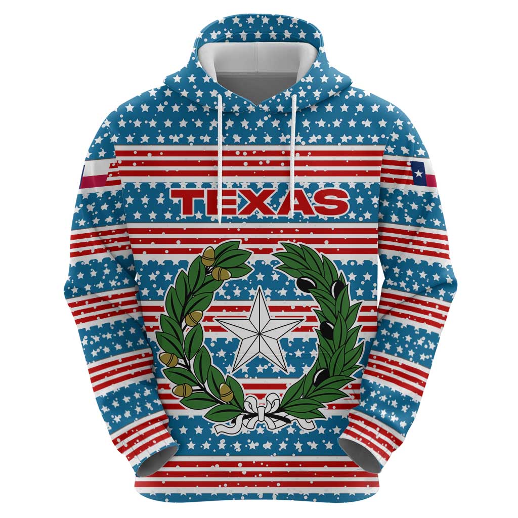 Texas Christmas Hoodie with Blue and Red Striped Festive Pattern Lone Star and Santa Motif - Wonder Print Shop