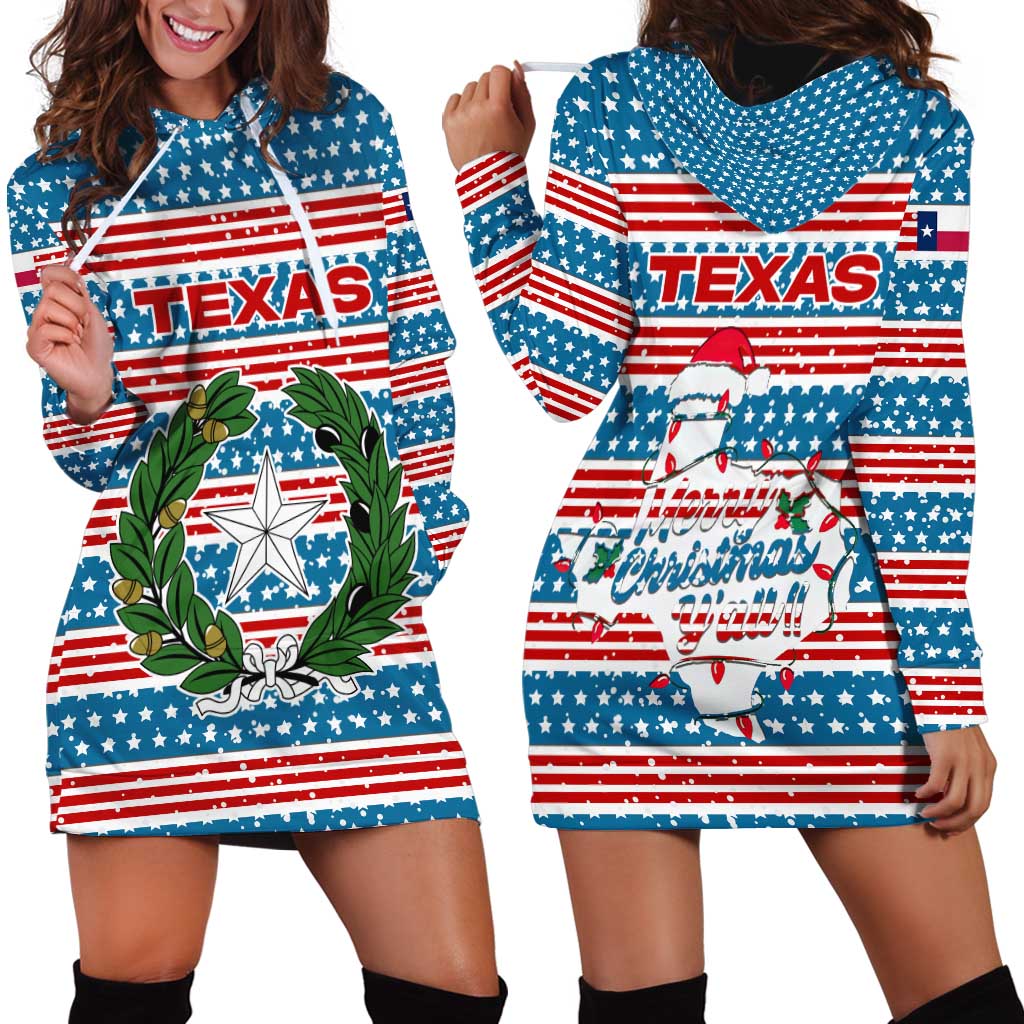 Texas Christmas Hoodie Dress with Blue and Red Striped Festive Pattern Lone Star and Santa Motif - Wonder Print Shop