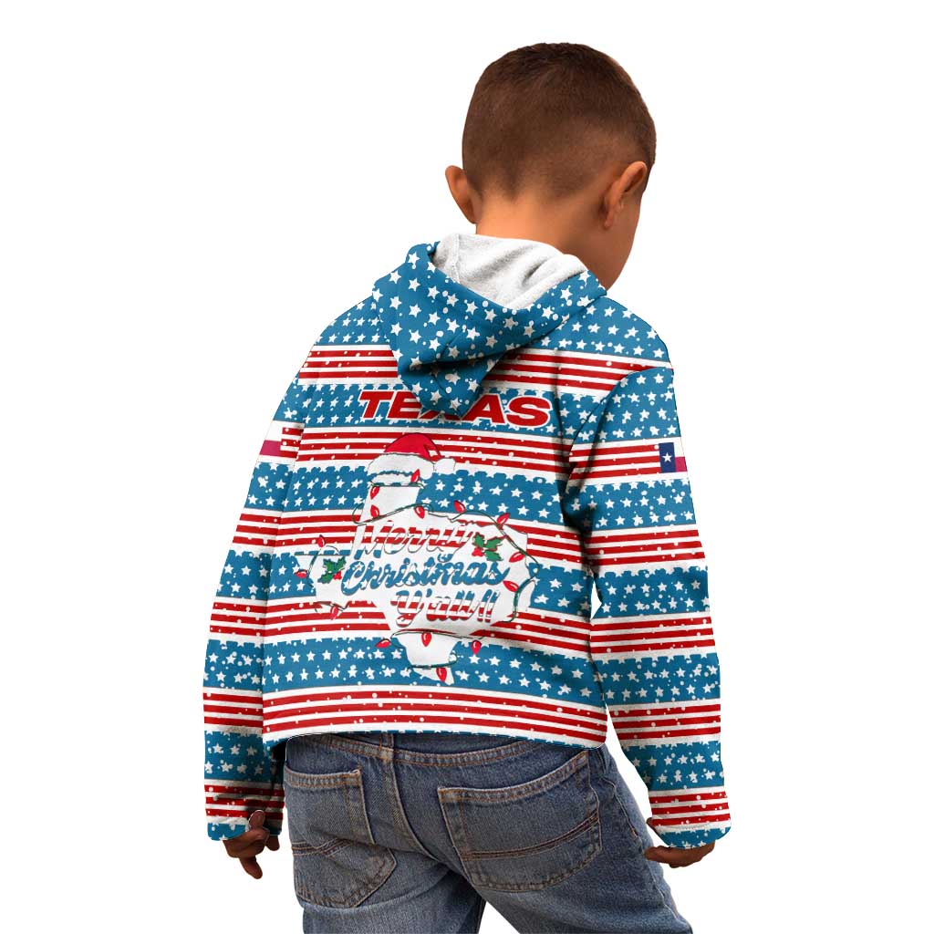 Texas Christmas Kid Hoodie with Blue and Red Striped Festive Pattern Lone Star and Santa Motif - Wonder Print Shop