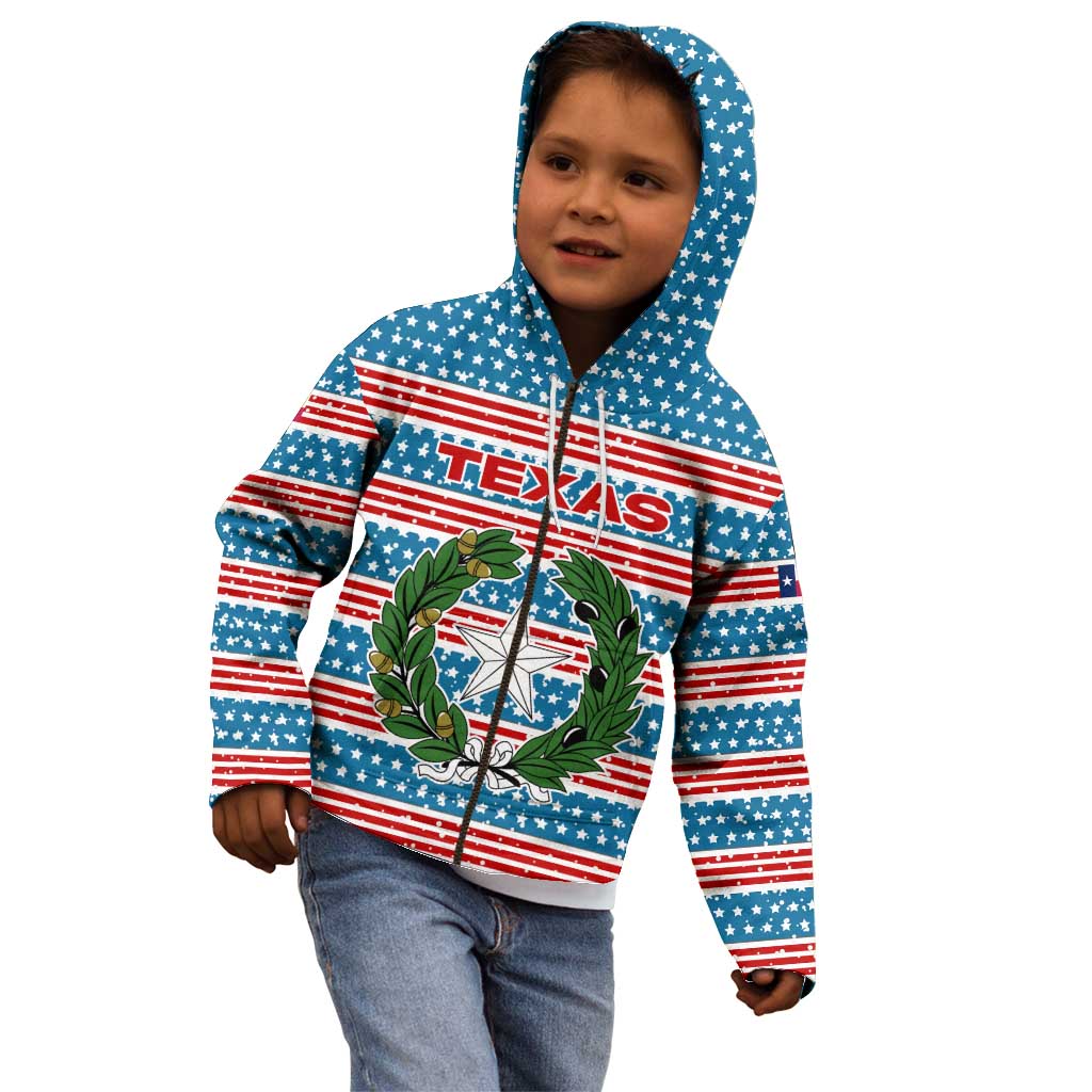 Texas Christmas Kid Hoodie with Blue and Red Striped Festive Pattern Lone Star and Santa Motif - Wonder Print Shop