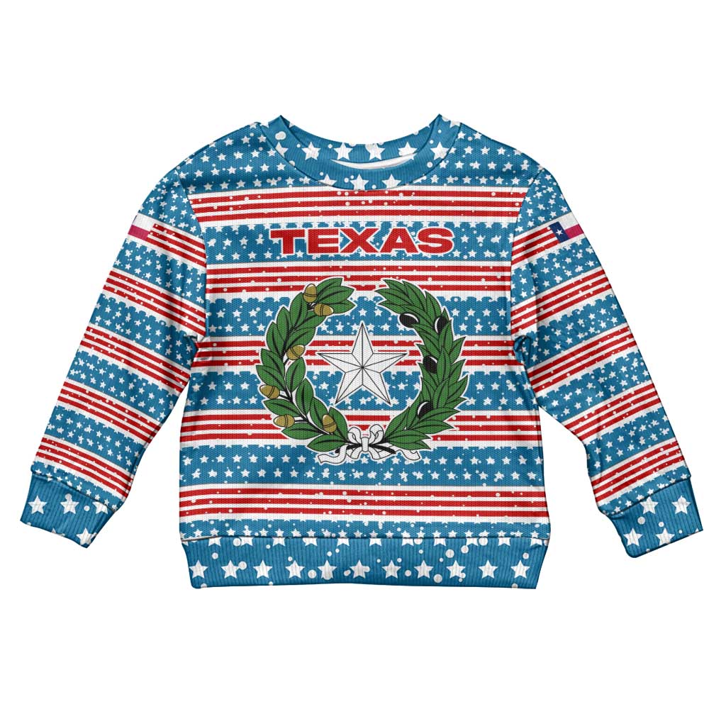 Texas Christmas Kid Ugly Christmas Sweater with Blue and Red Striped Festive Pattern Lone Star and Santa Motif - Wonder Print Shop
