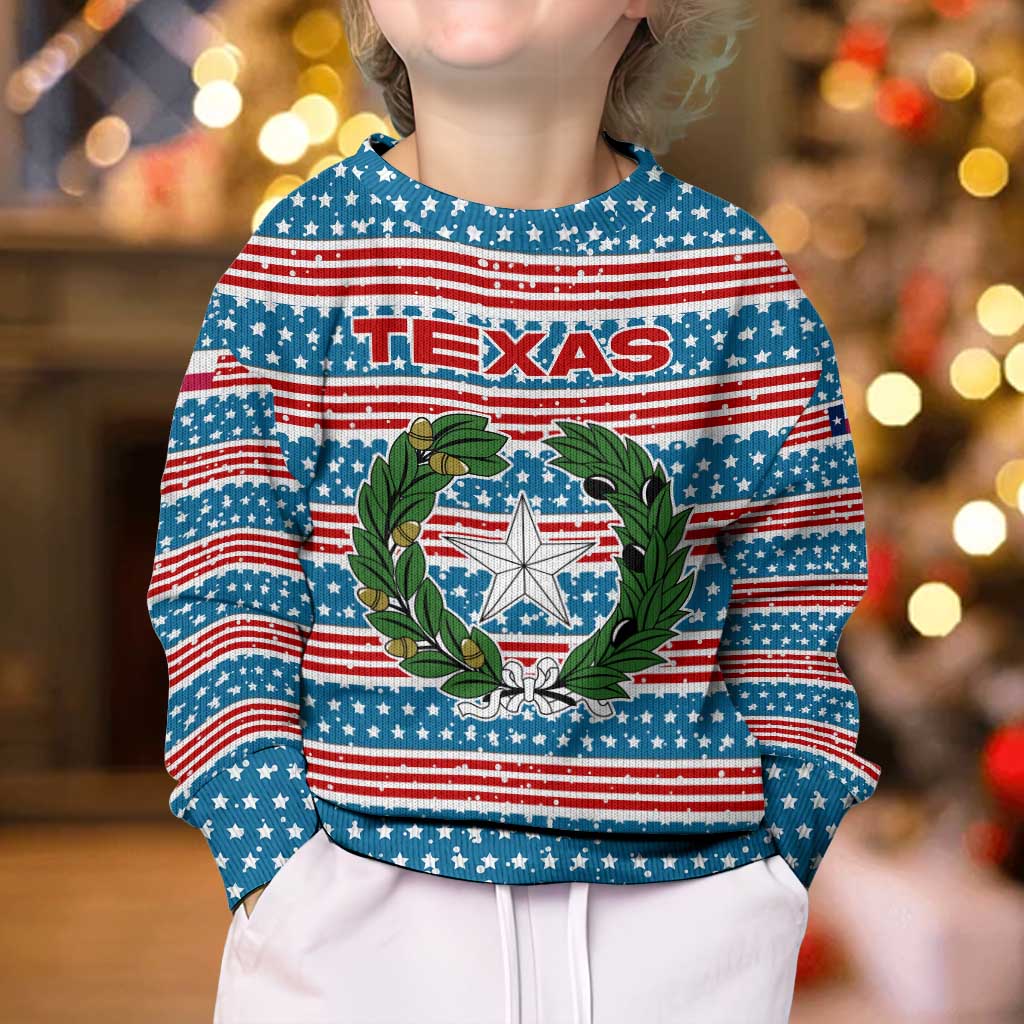 Texas Christmas Kid Ugly Christmas Sweater with Blue and Red Striped Festive Pattern Lone Star and Santa Motif - Wonder Print Shop