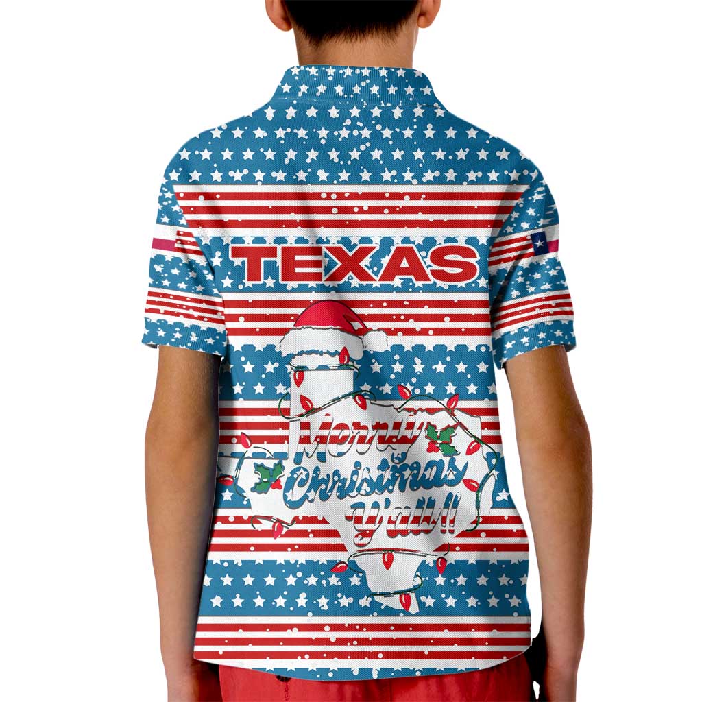 Texas Christmas Kid Polo Shirt with Blue and Red Striped Festive Pattern Lone Star and Santa Motif - Wonder Print Shop