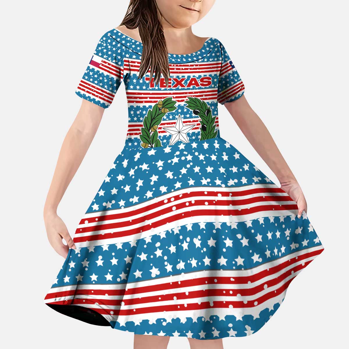 Texas Christmas Kid Short Sleeve Dress with Blue and Red Striped Festive Pattern Lone Star and Santa Motif - Wonder Print Shop