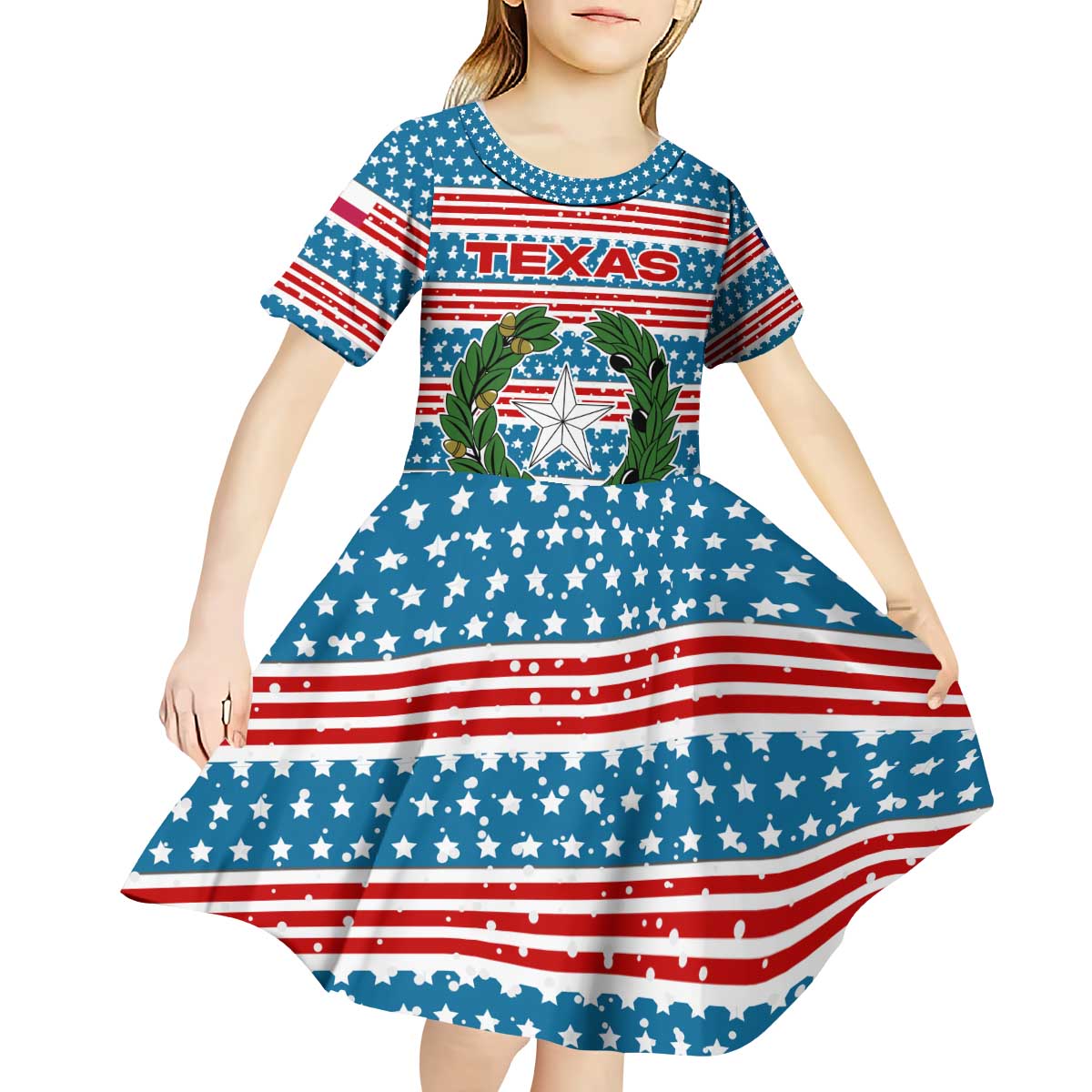 Texas Christmas Kid Short Sleeve Dress with Blue and Red Striped Festive Pattern Lone Star and Santa Motif - Wonder Print Shop