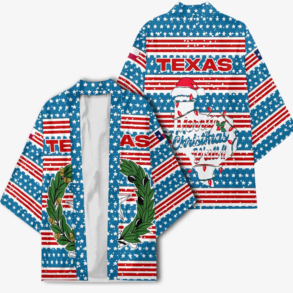 Texas Christmas Kimono with Blue and Red Striped Festive Pattern Lone Star and Santa Motif - Wonder Print Shop