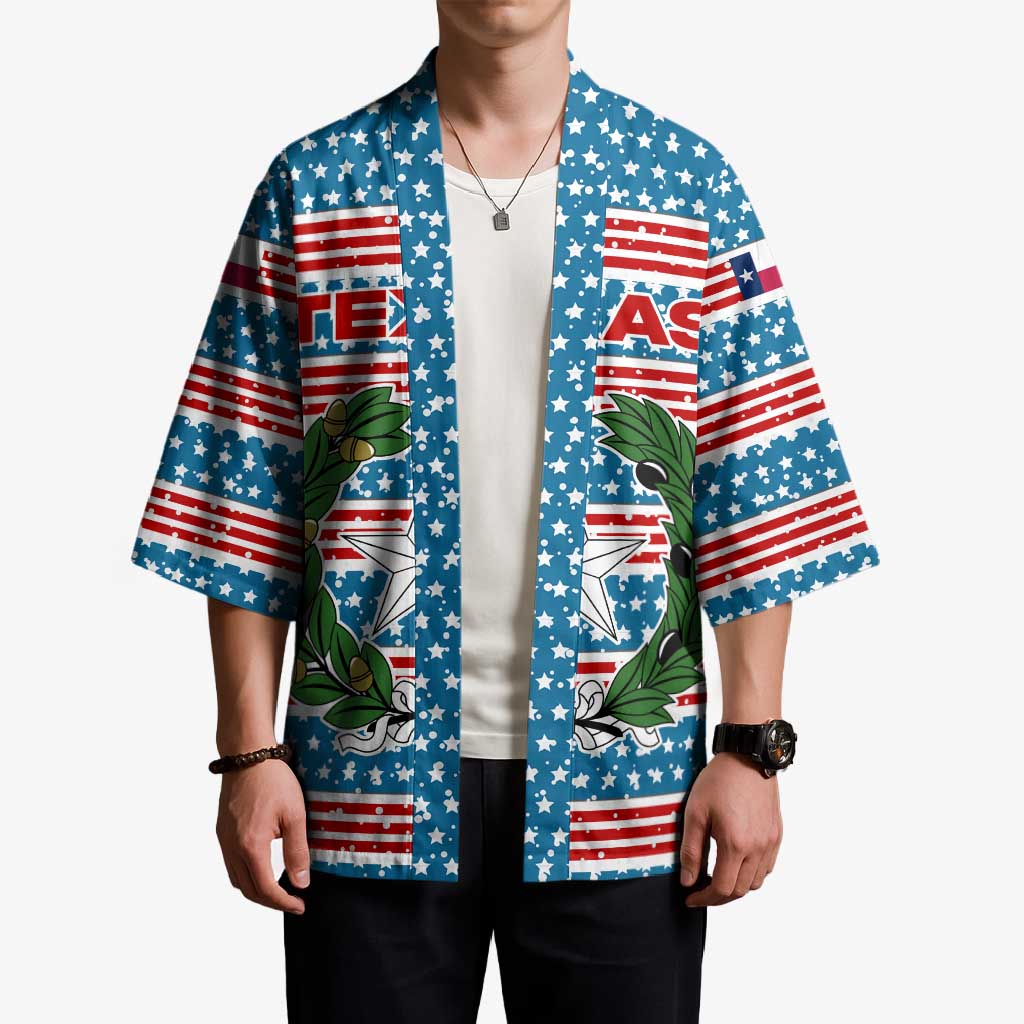 Texas Christmas Kimono with Blue and Red Striped Festive Pattern Lone Star and Santa Motif - Wonder Print Shop