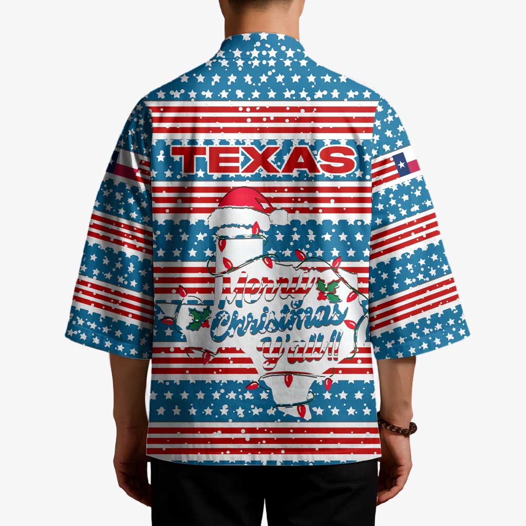 Texas Christmas Kimono with Blue and Red Striped Festive Pattern Lone Star and Santa Motif - Wonder Print Shop