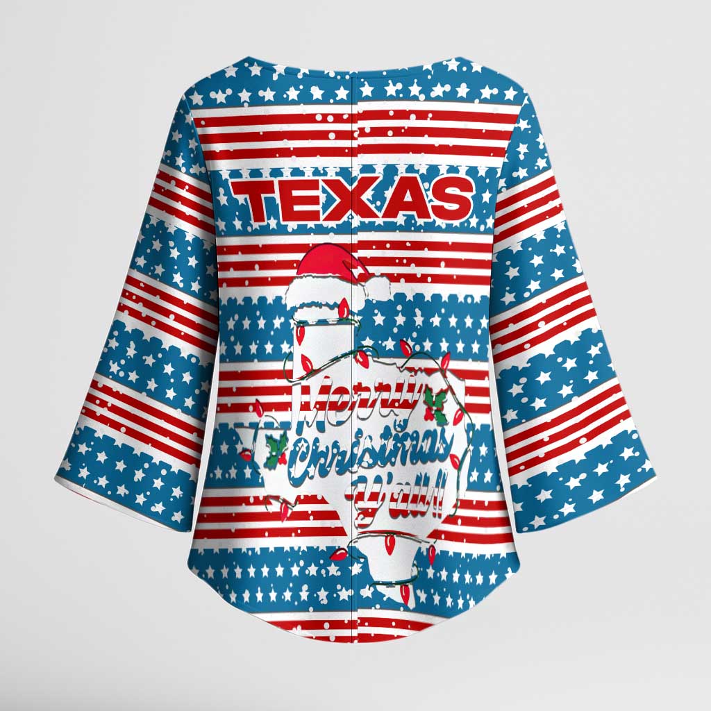 Texas Christmas Kimono Sleeve Blouse with Blue and Red Striped Festive Pattern Lone Star and Santa Motif - Wonder Print Shop