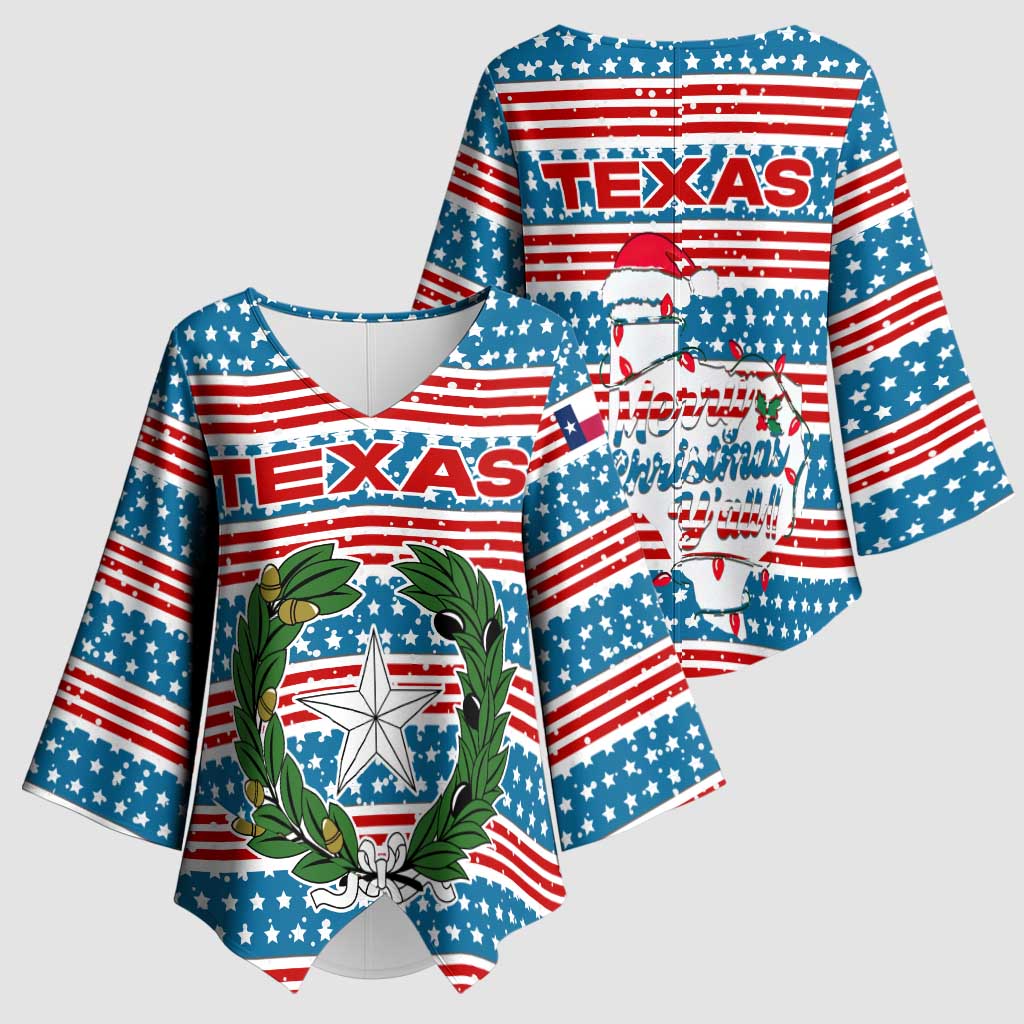 Texas Christmas Kimono Sleeve Blouse with Blue and Red Striped Festive Pattern Lone Star and Santa Motif - Wonder Print Shop