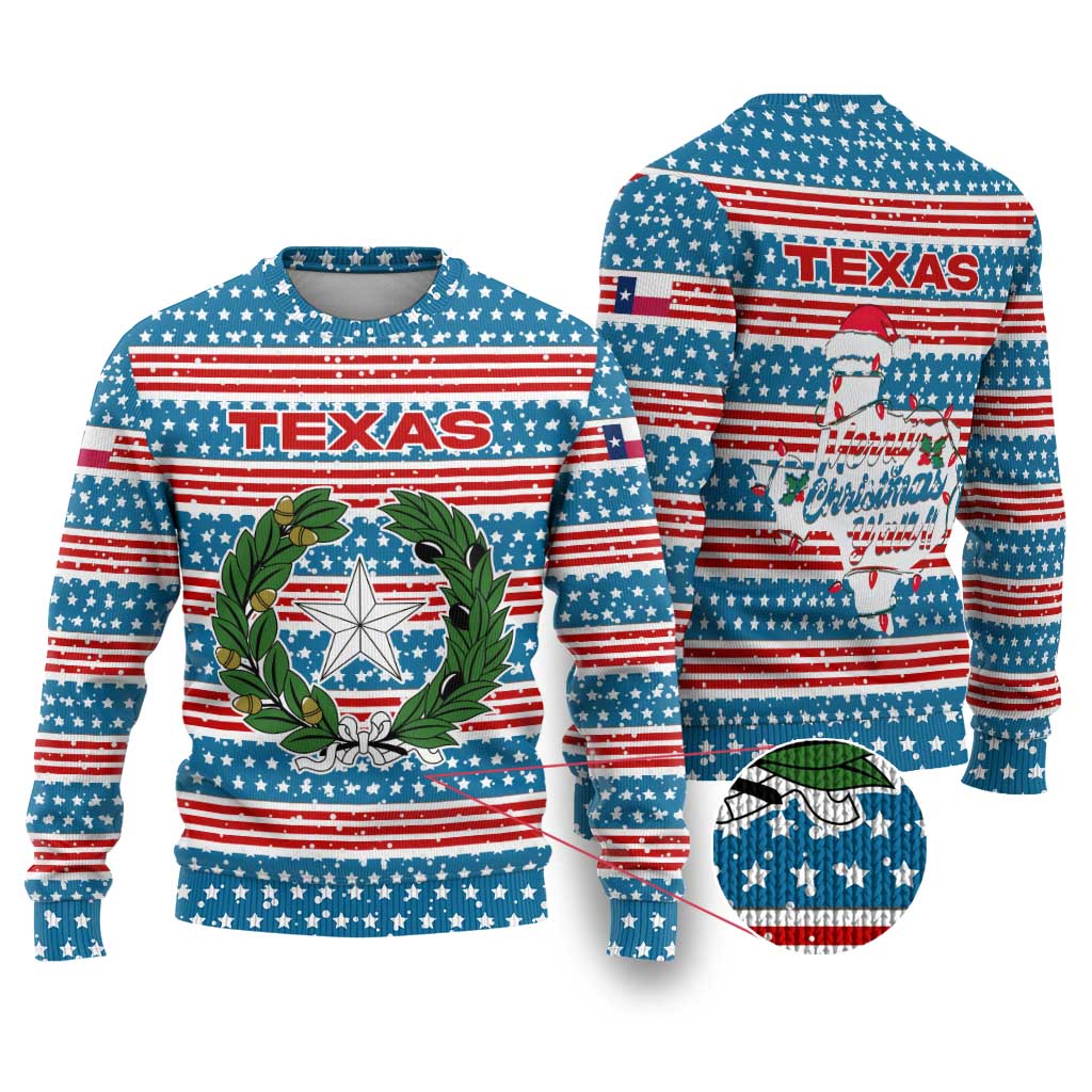 Texas Christmas Ugly Christmas Sweater with Blue and Red Striped Festive Pattern Lone Star and Santa Motif - Wonder Print Shop