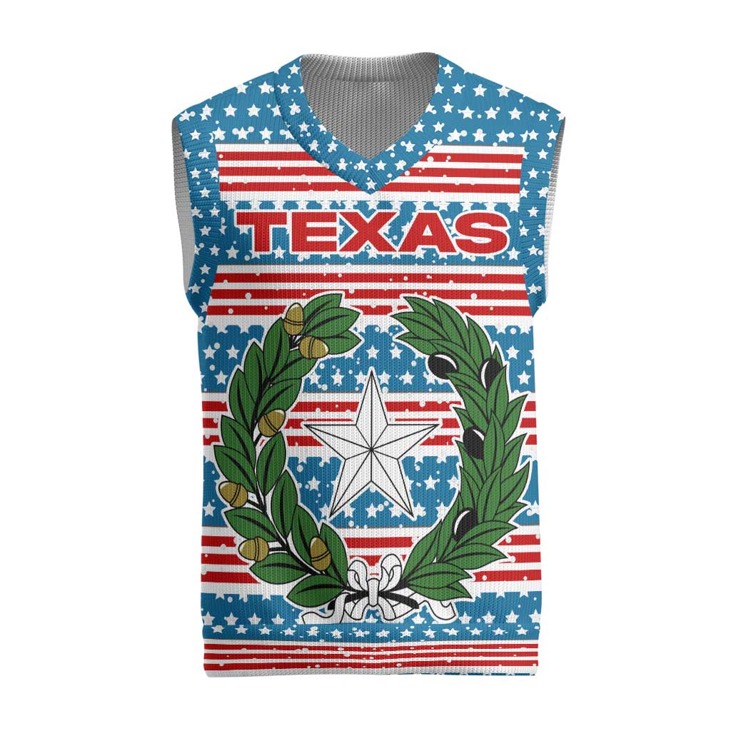 Texas Christmas Knitted V-Neck Vest with Blue and Red Striped Festive Pattern Lone Star and Santa Motif - Wonder Print Shop