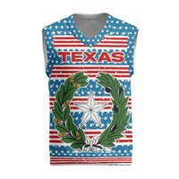 Texas Christmas Knitted V-Neck Vest with Blue and Red Striped Festive Pattern Lone Star and Santa Motif - Wonder Print Shop
