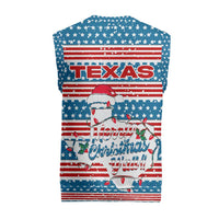 Texas Christmas Knitted V-Neck Vest with Blue and Red Striped Festive Pattern Lone Star and Santa Motif - Wonder Print Shop
