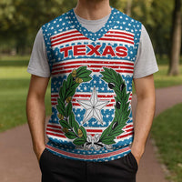 Texas Christmas Knitted V-Neck Vest with Blue and Red Striped Festive Pattern Lone Star and Santa Motif - Wonder Print Shop
