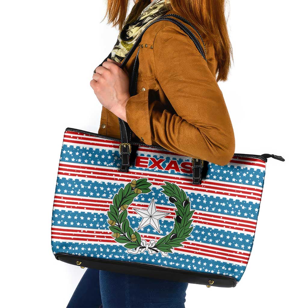 Texas Christmas Leather Tote Bag with Blue and Red Striped Festive Pattern Lone Star and Santa Motif - Wonder Print Shop