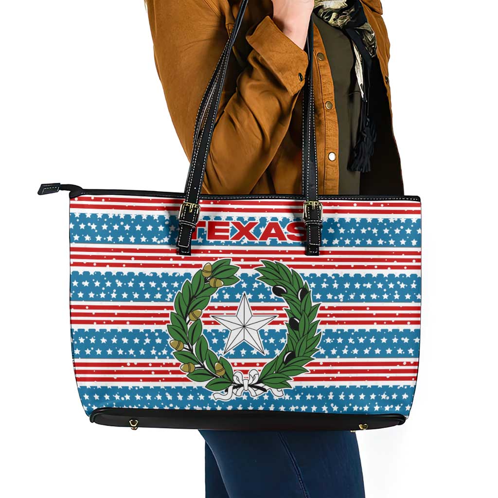 Texas Christmas Leather Tote Bag with Blue and Red Striped Festive Pattern Lone Star and Santa Motif - Wonder Print Shop