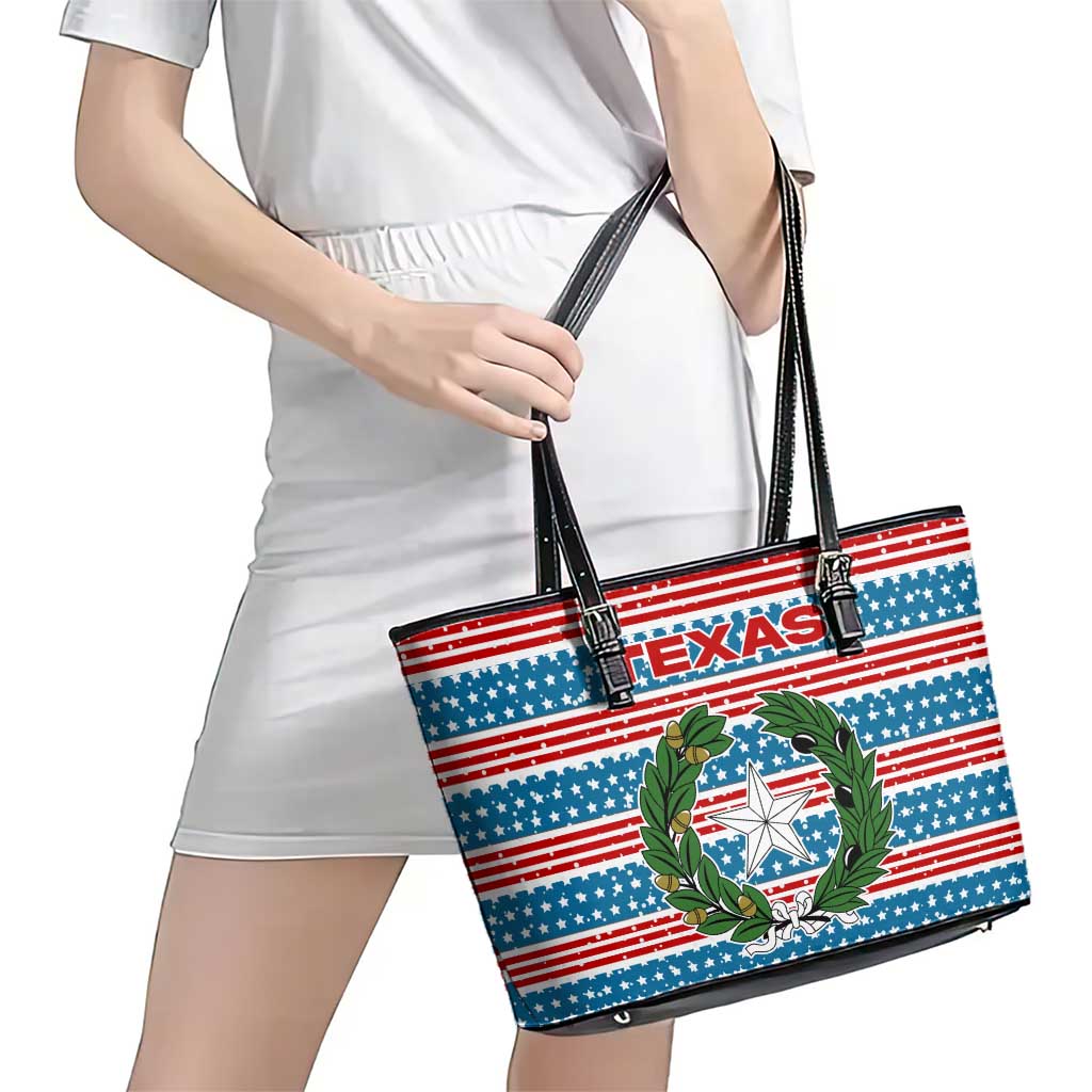 Texas Christmas Leather Tote Bag with Blue and Red Striped Festive Pattern Lone Star and Santa Motif - Wonder Print Shop