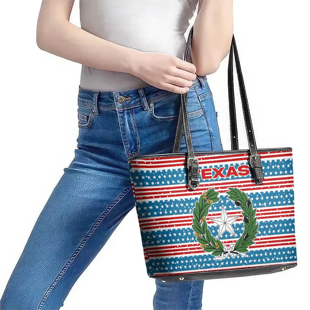 Texas Christmas Leather Tote Bag with Blue and Red Striped Festive Pattern Lone Star and Santa Motif - Wonder Print Shop