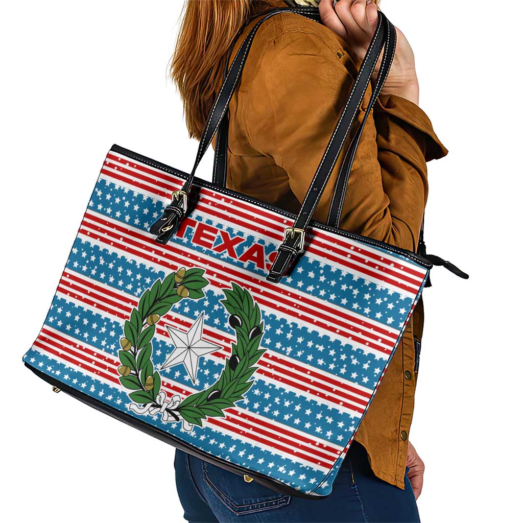Texas Christmas Leather Tote Bag with Blue and Red Striped Festive Pattern Lone Star and Santa Motif - Wonder Print Shop