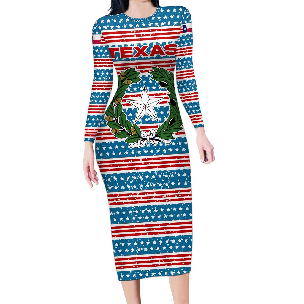 Texas Christmas Long Sleeve Bodycon Dress with Blue and Red Striped Festive Pattern Lone Star and Santa Motif - Wonder Print Shop