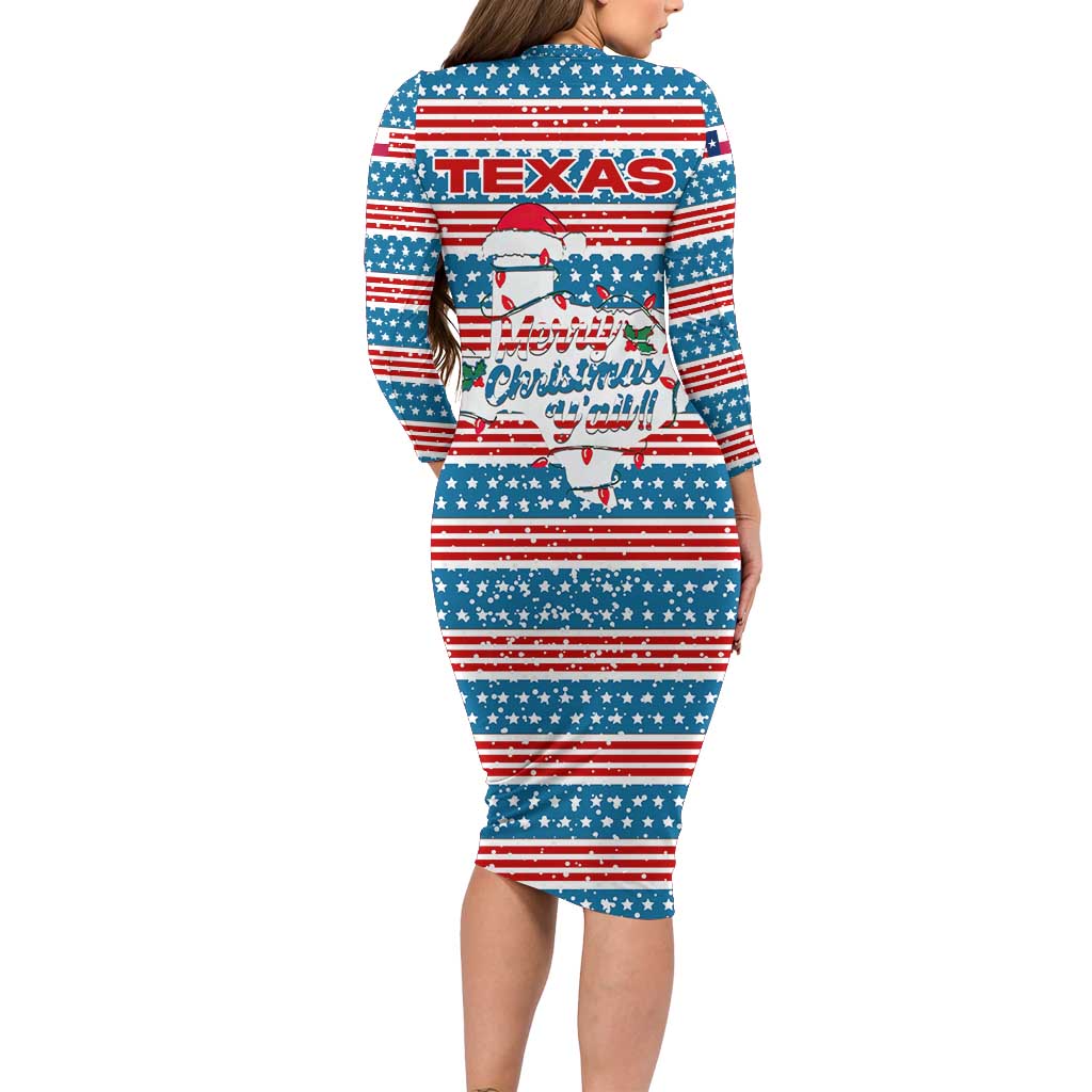 Texas Christmas Long Sleeve Bodycon Dress with Blue and Red Striped Festive Pattern Lone Star and Santa Motif - Wonder Print Shop